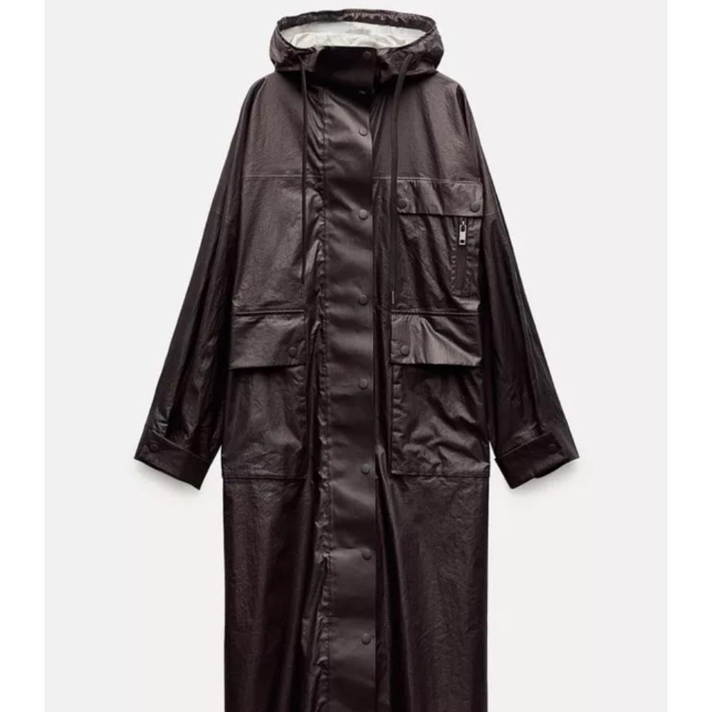 Zara Hooded Long Raincoat in Chocolate Size-M/L NWT